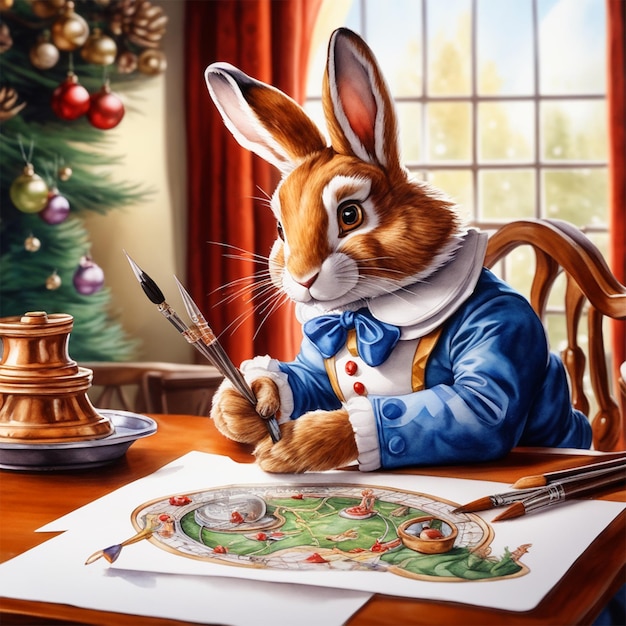 Alice Rabbit nel paese delle meraviglie il giorno di Natale Illustrazione dell'acquerello Pittura disegnata a mano Hdfin