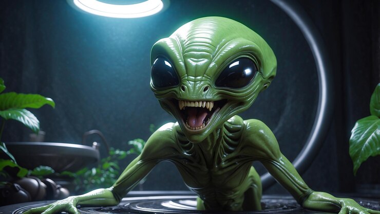 Foto alien che emerge da un ambiente buio con i riflettori luminosi generati dall'ai