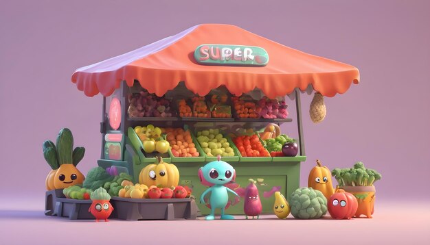 Alien dei cartoni animati che vende verdure e frutta