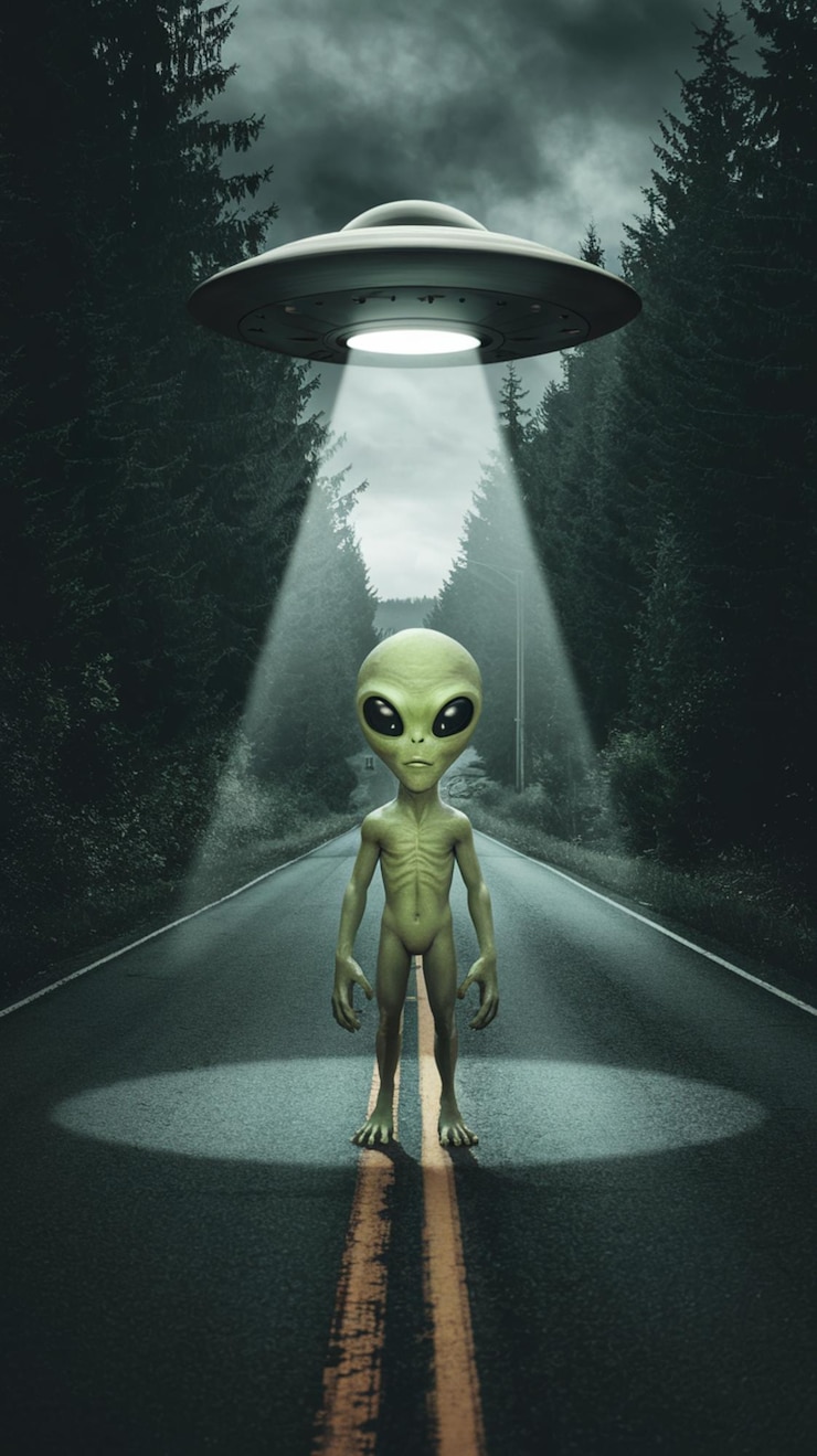 Foto alien si trova sotto il raggio degli ufo sulla strada della foresta buia inquietante incontro extraterrestre