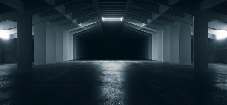 Alien Spaceship Sci Fi Cemento grezzo Garage Tunnel Corridoio Magazzino Showroom Underground F