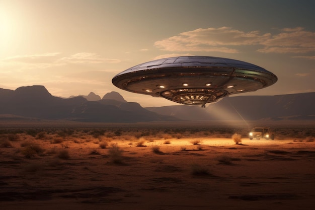 Alien ufo disco volante Nave spaziale che vola sopra un deserto AI generato illustrazione