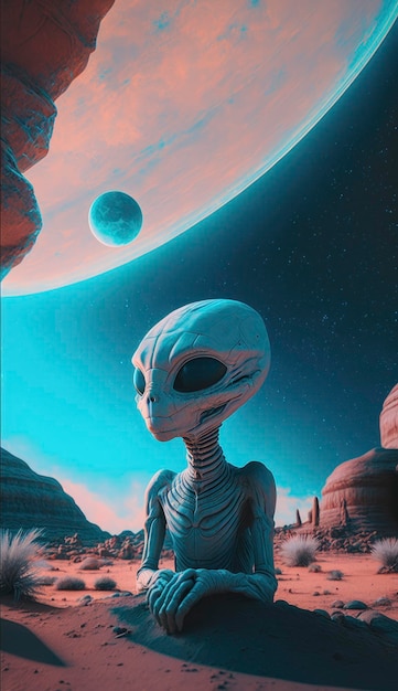 Alieno in un deserto con un pianeta sullo sfondo