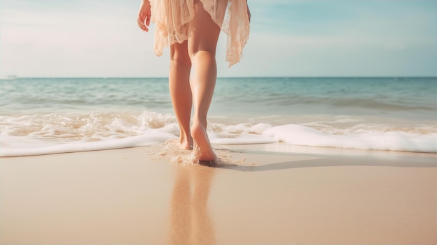 Alimentazione della donna che cammina sul mare Bellissima spiaggia con Clear Blue Sky Vacanze estive da trascorrere sulla spiaggia