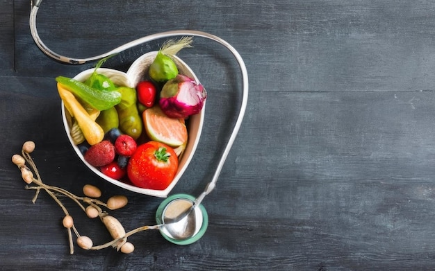 Alimentazione sana nel cuore e cardiografo sulla lavagna concetto medico astratto