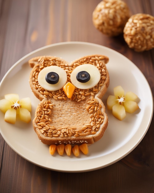 Alimentazione sana per bambini Colazione accogliente Alimentazione per bambini Toast al burro di arachidi a forma di gufo