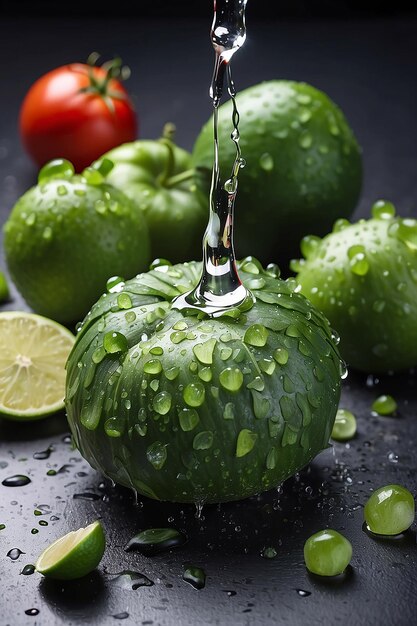 Alimenti crudi con gocce d'acqua in studio