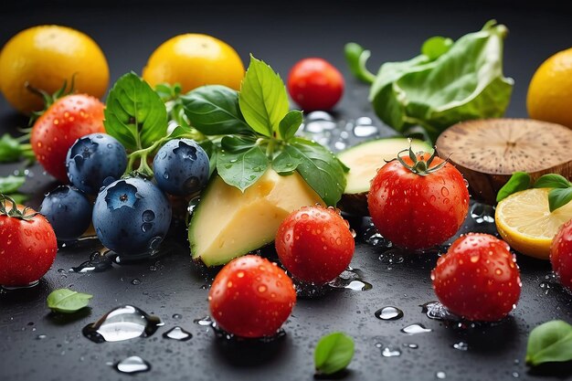 Alimenti crudi con gocce d'acqua in studio