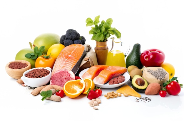 Alimenti sani alimentazione pulita selezione frutta ortaggi semi superalimentazione cereali foglie ortaggi su sfondo di cemento grigio
