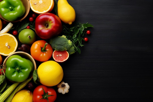 Alimenti sani e ricchi di nutrienti Frutta e verdura fresca su fondo in legno di frassino Creato con generati