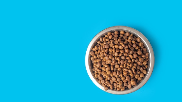 Alimenti secchi per animali domestici in una ciotola di metallo isolata su sfondo blu spazio copia Alimenti per cani e gatti modello