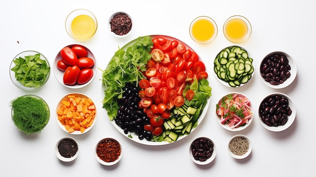 alimenti vegetali sani piatto insalate sfondo bianco isolato.