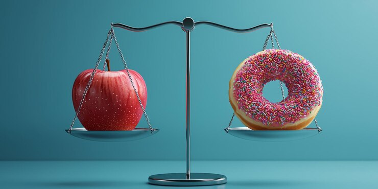 Alimento sano e cibo malsano Da un lato della bilancia c'è una mela e dall'altro c' è una ciambella dai colori vivaci