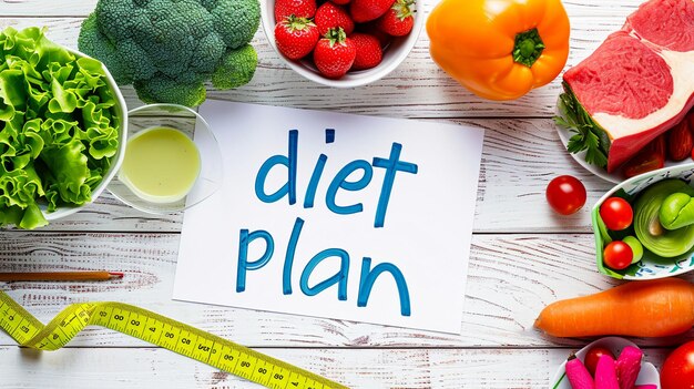 Alimento sano e pianificazione della dieta Concetto di perdita di peso Quaderno con frasi Piano di dieta