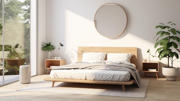 All'alba in una moderna e luminosa camera da letto bianca con mobili in legno cuscini coperte vassoio di cibo sul letto comodino e specchio rotondo appeso alla parete