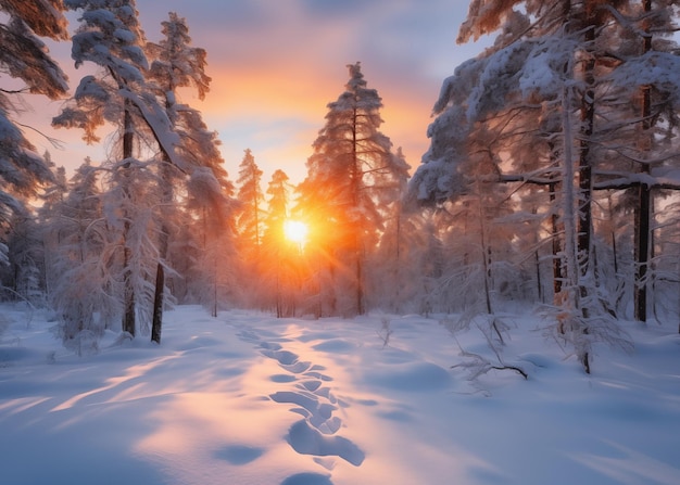 All'alba la foresta di neve bianca sullo sfondo