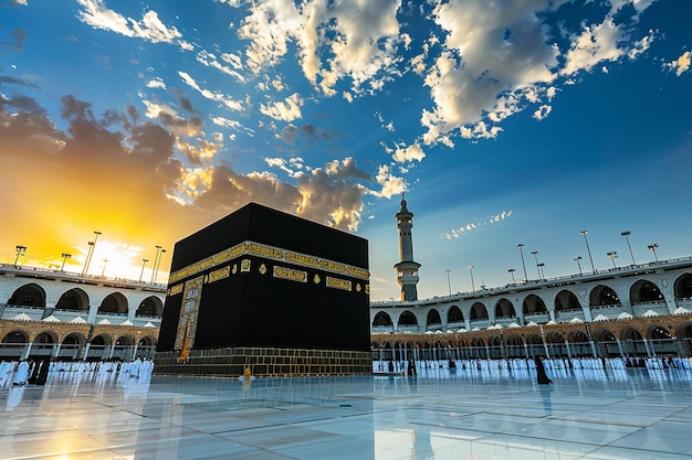 all'alba la Kaaba, l'architettura affascinante e i diversi pellegrini si riuniscono nel sereno cortile della Mecca