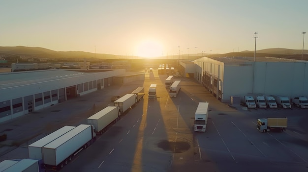 All'alba sopra un parco logistico con file di camion pronti per la distribuzione Area industriale all'alba vista aerea Paesaggio industriale sereno con spazio di copia AI