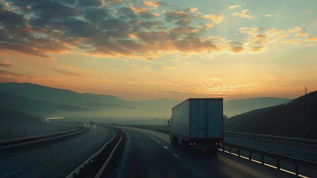 All'alba su una strada aperta Un semitruck solitario viaggia verso est su un'autostrada quasi vuota