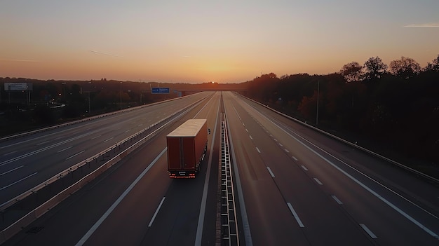 All'alba sull'autostrada un camion entra nell'alba