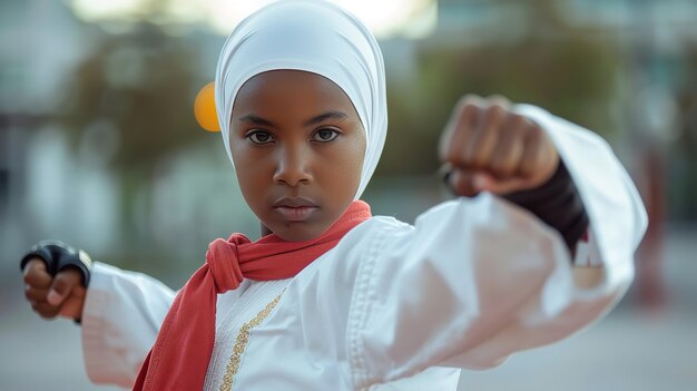 All'aperto una giovane ragazza musulmana africana in hijab che impara karate in un parco con un grande sfondo sfocato e spazio per testo o prodotto AI generativa