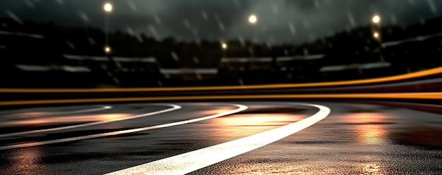 All'inizio della pista un'auto da corsa attende sull'asfalto Il corridore sfreccia lungo il percorso