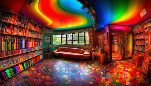 All'interno del moderno appartamento una libreria scura illumina i colori vibranti generati dall'intelligenza artificiale