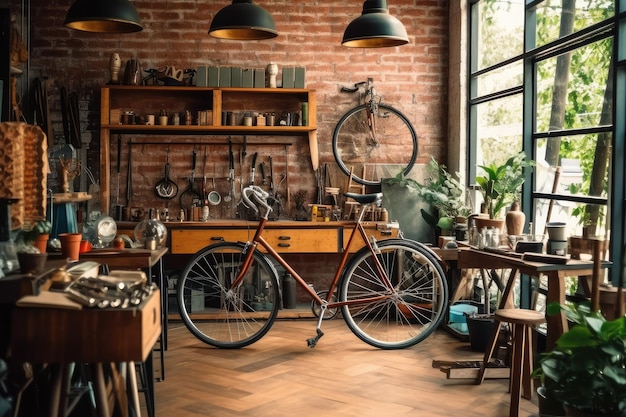 all'interno del tradizionale negozio di riparazione di biciclette con materiale e attrezzature per la fotografia professionale