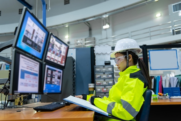 All'interno della grande fabbrica industriale, l'ingegnere informatico femminile lavora su personal computer, programma di codifica per la macchina di controllo, le persone in Thailandia lavorano su quattro monitor. Programmatore che lavora con serietà