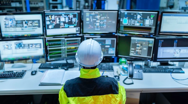 All'interno della grande fabbrica industriale, una donna ingegnere informatico lavora su un personal computer. Lei codifica un programma per una macchina di controllo. La gente tailandese lavora su quattro monitor. Programmatore che lavora con serietà