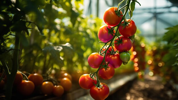 All'interno della serra ci sono pomodori freschi e alberi di pomodori.