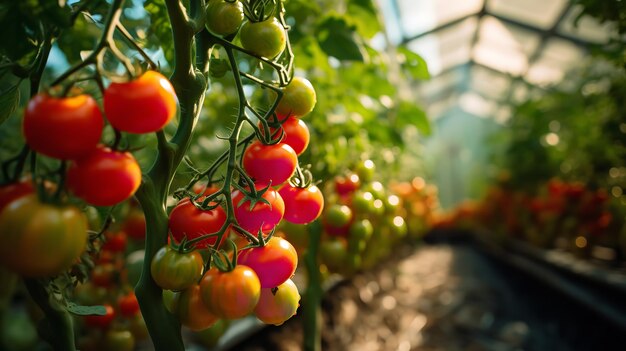 All'interno della serra ci sono pomodori freschi e alberi di pomodori.