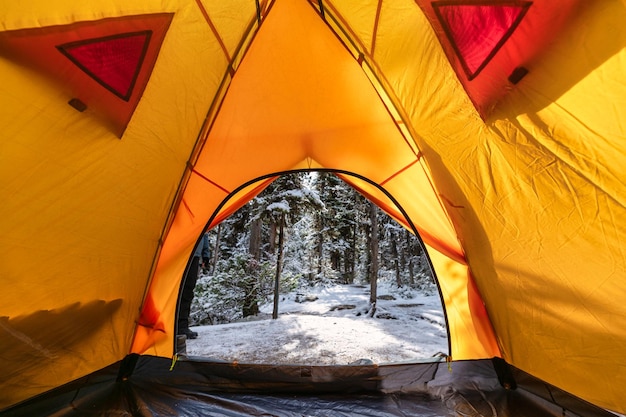 All'interno della tenda gialla che si lancia nella foresta invernale al parco nazionale in vacanza