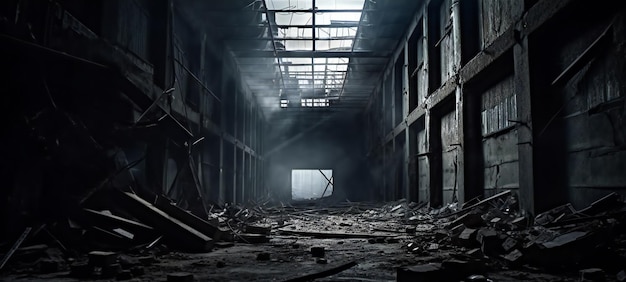 All'interno di un edificio abbandonato o distrutto con interni bui e poco illuminati