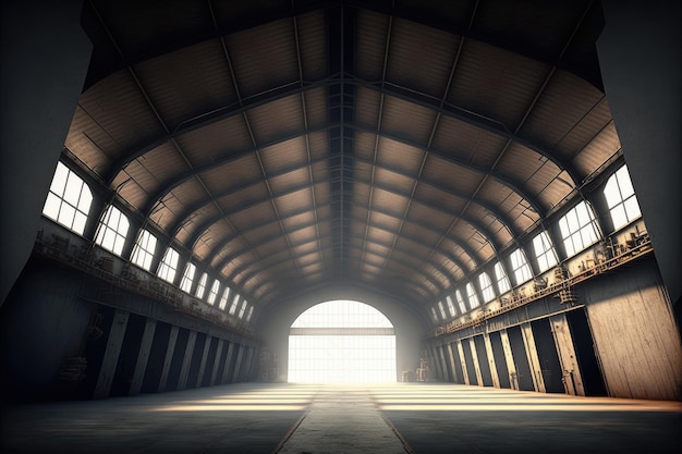 All'interno di un magazzino vuoto o di un hangar con una grande struttura per background industriale