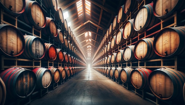All'interno di una grande struttura di invecchiamento contenente barili di whisky, bourbon, scotch e vino