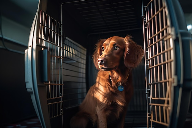 all'interno si può vedere un cane marrone in una gabbia di metallo