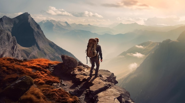 Alla conquista delle vette Foto ispiratrice di un escursionista che affronta la sfida di un'escursione in montagna Sfondo o sfondo dell'escursionismo IA generativa