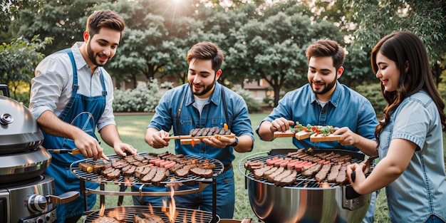 Alla famiglia piace grigliare la carne all'aperto e stare insieme