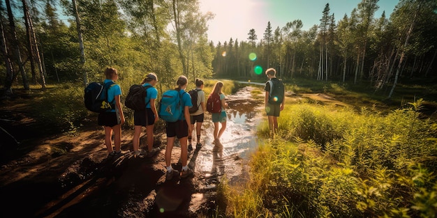 Alla scoperta della natura Bambini che fanno un'escursione attraverso una bellissima foresta Esplorando la natura selvaggia