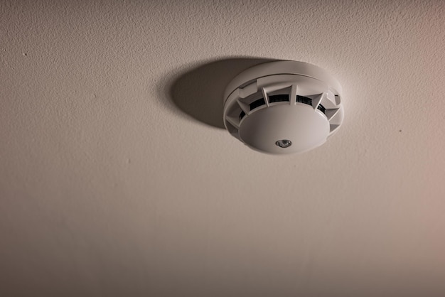 Allarme incendio rilevato Rilevatore di fumo su soffitto bianco