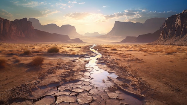 Allegoria sul cambiamento climatico Una strada sterrata e un fiume in secca nel deserto vicino a una montagna nello stile dell'IA generativa incrinata