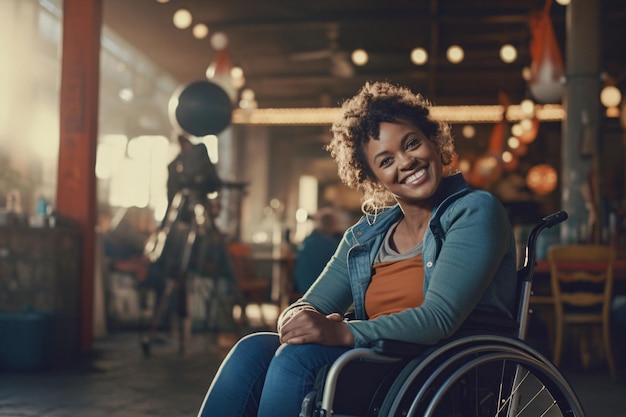 Allegra donna disabile su sedia a rotelle