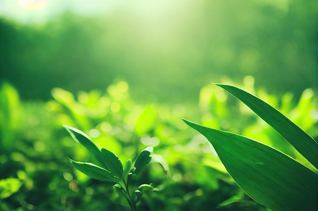 Allegra foglia verde sfondo sfocato con erba e piante verdi nella radura soleggiata