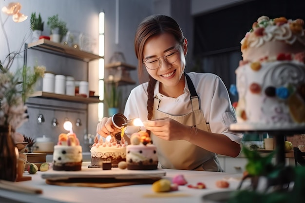 Allegra giovane donna asiatica che cucina in cucina dolci nuove ricevute concetto carino casa colorata