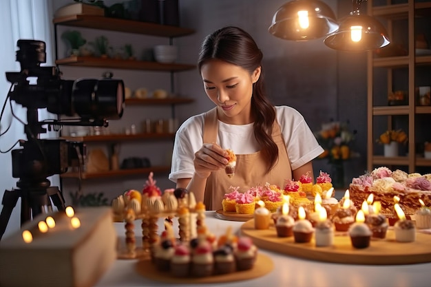 Allegra giovane donna asiatica che cucina in cucina dolci nuove ricevute concetto carino casa colorata