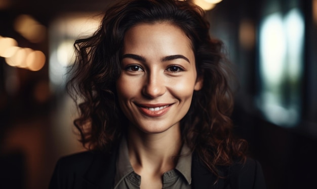 Allegra giovane donna d'affari che sorride alla telecamera in un ufficio IA generativa