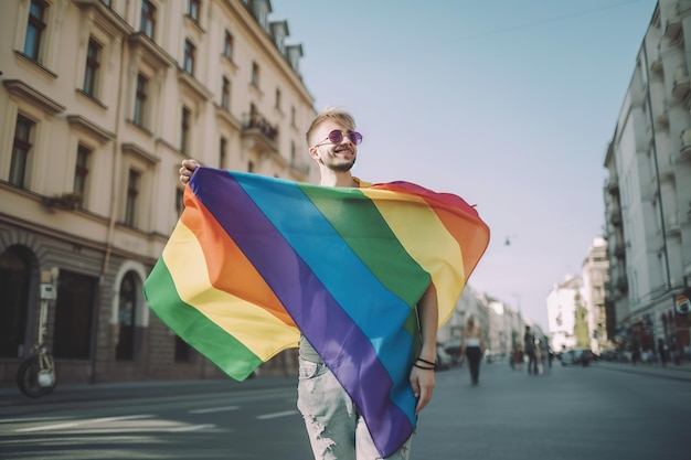 Allegra giovane donna transgender che cammina per strada tenendo una bandiera arcobaleno Libertà di celebrazione dell'orgoglio gay e concetto di lgtbq