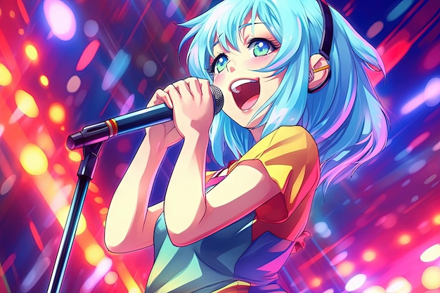 Allegra ragazza anime idol con capelli blu brillante e un microfono in mano che canta e balla su un palco colorato in stile manga illustrazione generativa ai