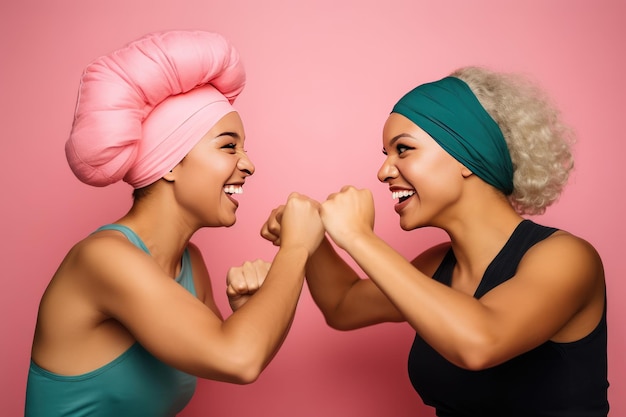 Allegre donne multiculturali che indossano fasce rosa che combattono contro il cancro Felici sopravvissuti al cancro IA generativa